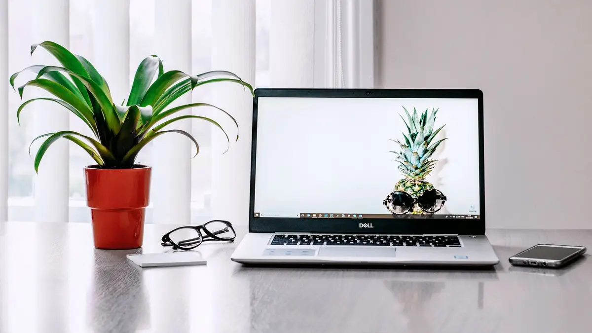 A stylish workspace featuring a laptop, plant, and smartphone on a desk.