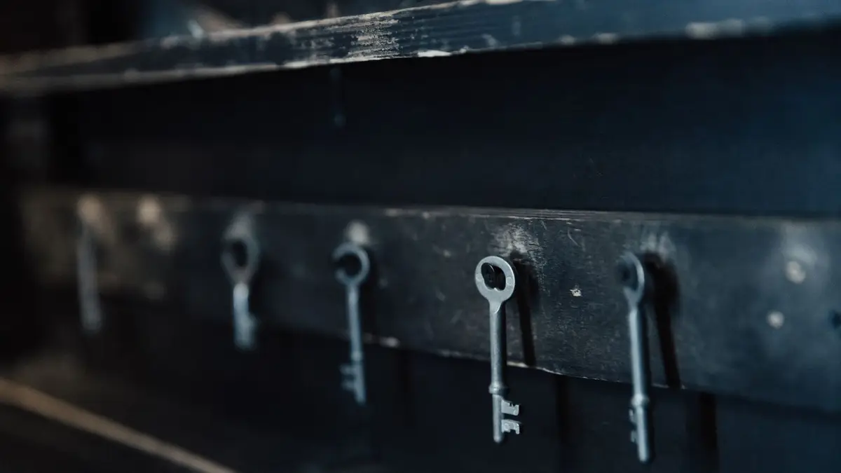 Close-up of antique skeleton keys hanging in a row on a dark wall.