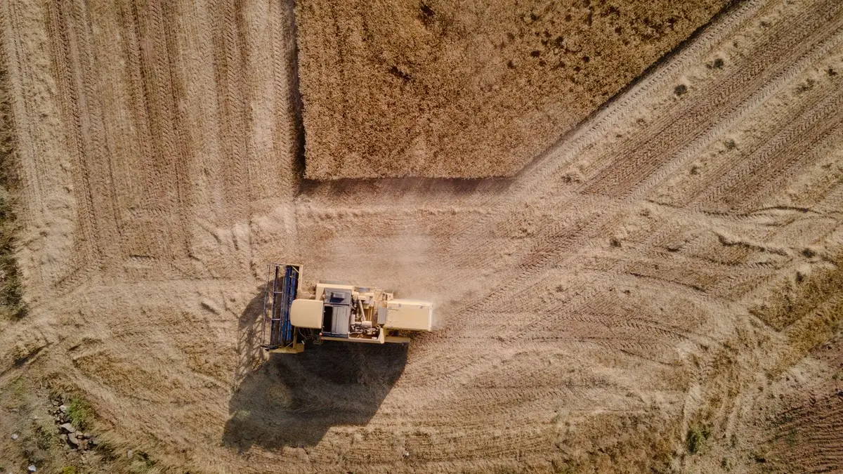 Drone captures a high-angle shot of a tractor working in a wheat field, creating dust trails.