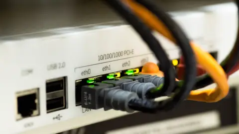 Detailed close-up of ethernet cables and network connections on a router, showcasing modern technology.