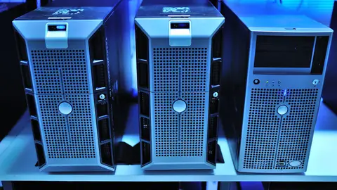 Close-up view of modern rack-mounted server units in a data center.