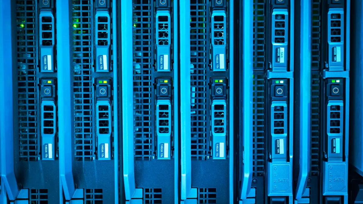 Detailed image of illuminated server racks showcasing modern technology infrastructure.