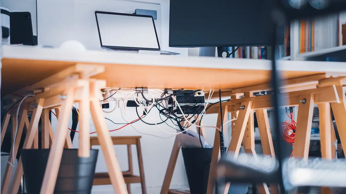 A stylish workspace with visible cables, laptop and monitor, highlighting modern technology's complexity.