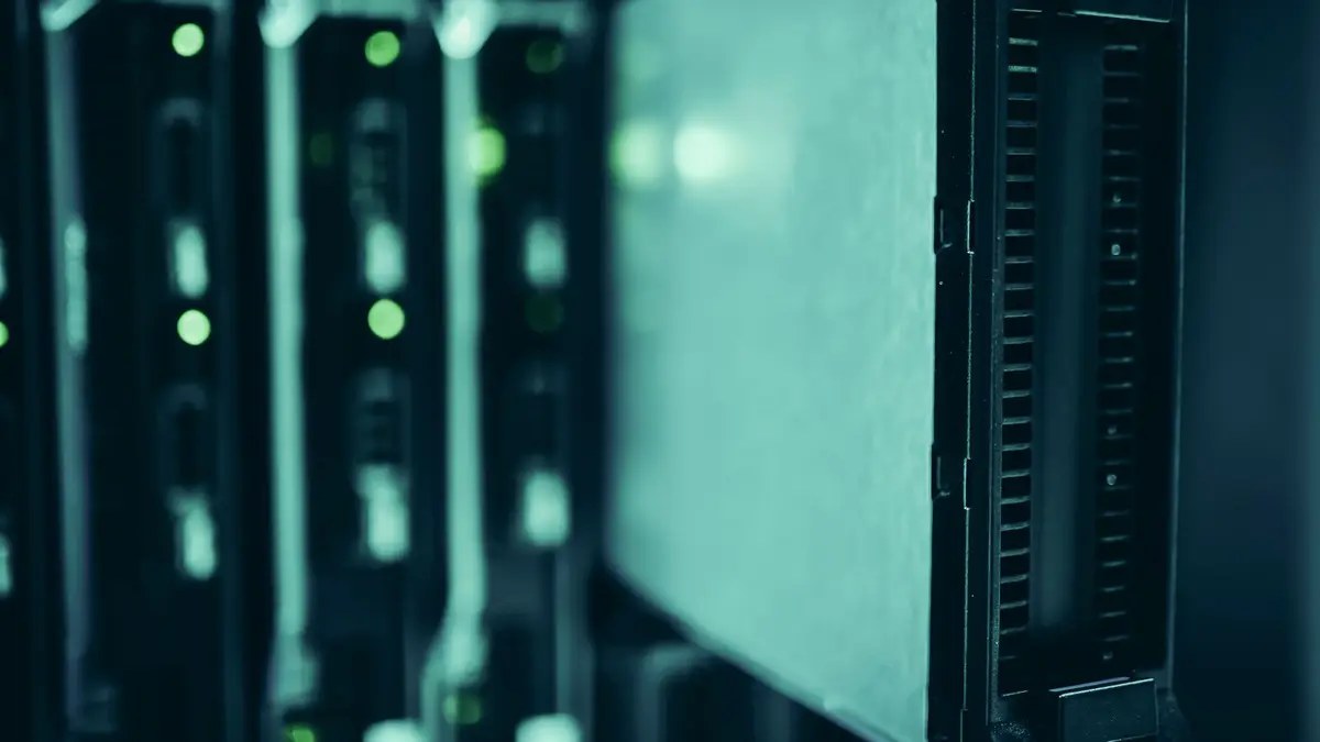 Close-up of server racks in a data center highlighting modern technology infrastructure.