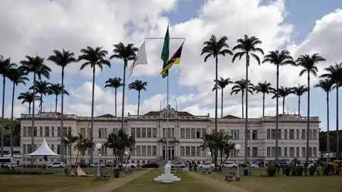 Elegant municipal building in Juiz de Fora, Brazil, surrounded by palm trees under a cloudy sky.