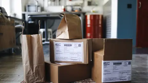 A collection of cardboard boxes and paper bags on a patterned rug in a home setting.