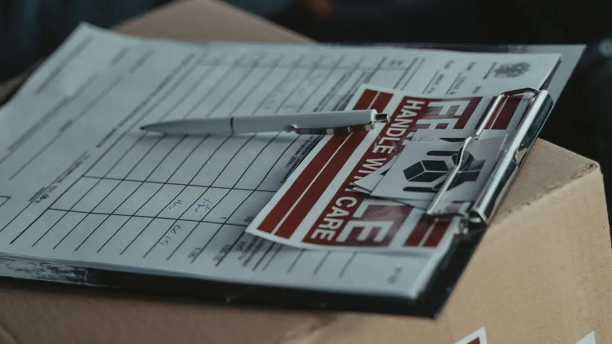 A clipboard with delivery papers and a 'Handle with Care' sticker on a cardboard box.