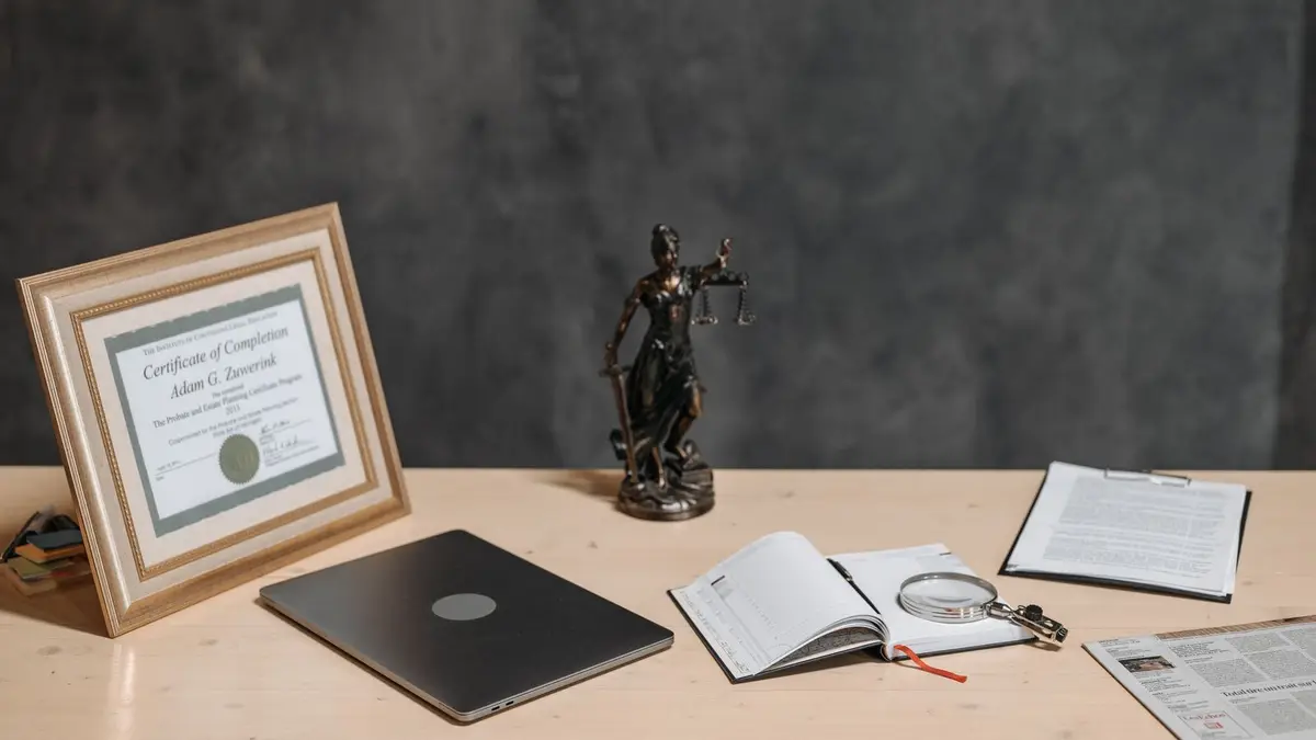 A lawyer's desk featuring a justice statue, diploma, laptop, magnifying glass, and documents.