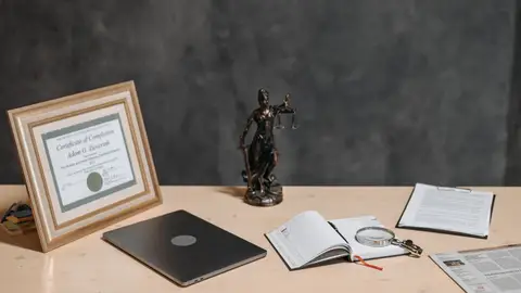 A lawyer's desk featuring a justice statue, diploma, laptop, magnifying glass, and documents.