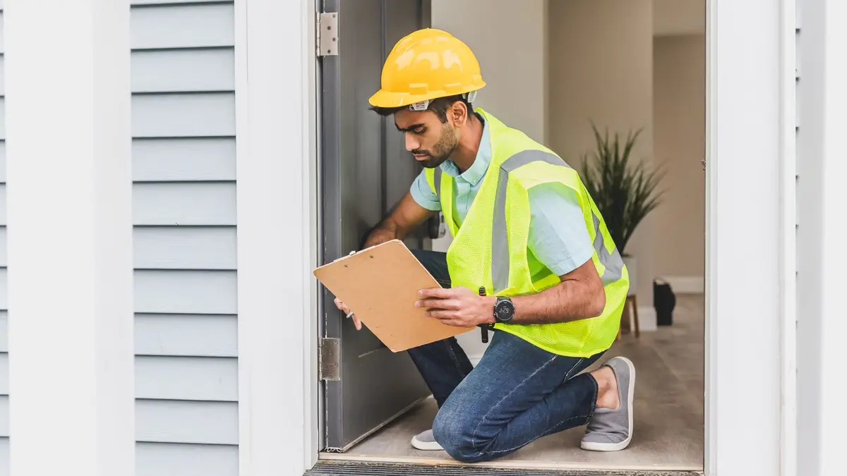 A home inspector wearing safety gear examines a house interior for safety compliance.