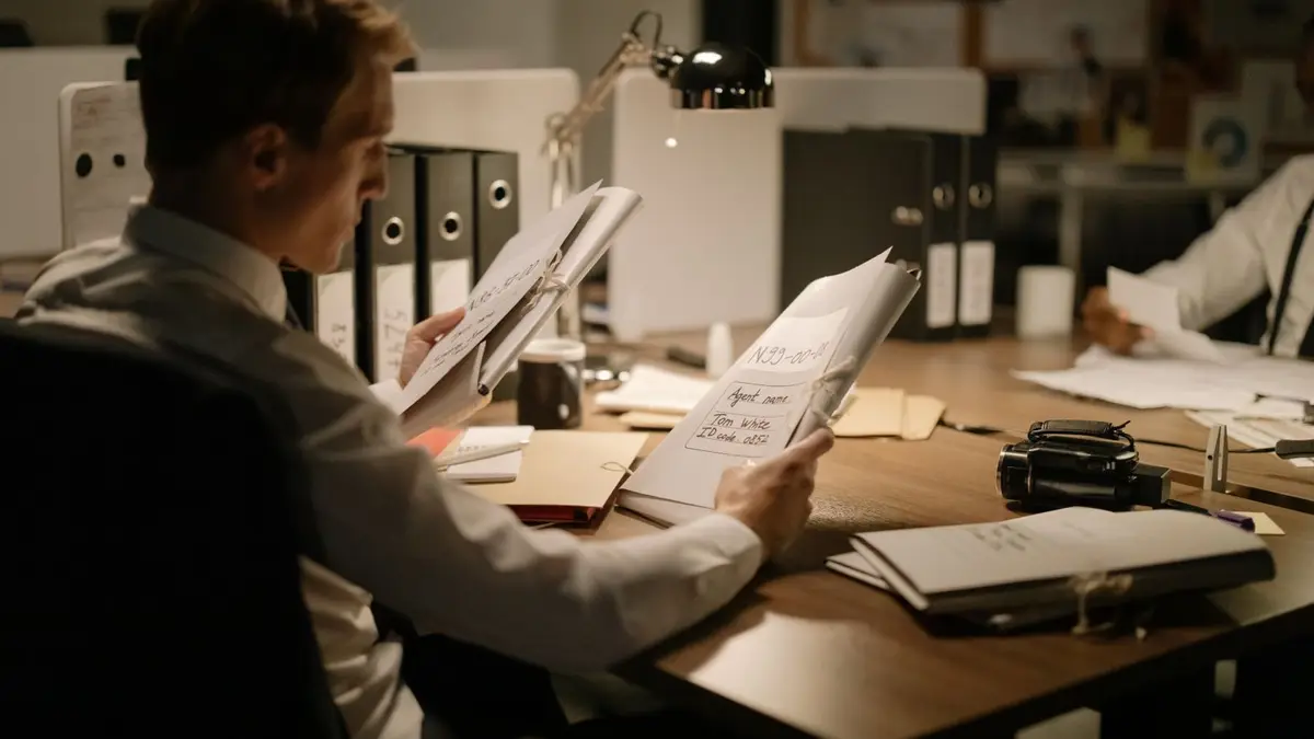 Two detectives reviewing documents in a dimly lit office setting, focused and professional.