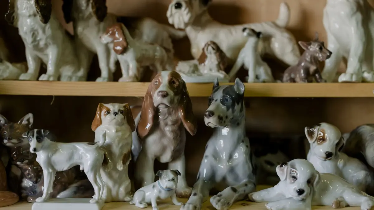 Charming collection of vintage porcelain dog figurines on wooden shelves.